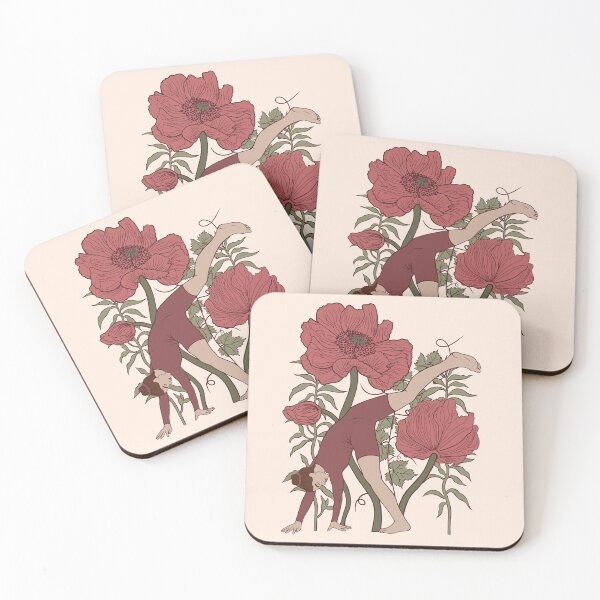 Item preview, Dynamic and graceful yoga pose featuring a standing split fold against a backdrop of lush garden poppies. Warm retro tones create a peaceful, grounding atmosphere. designed and sold by Grin Katalina Floral Patterns & Cozy Art.