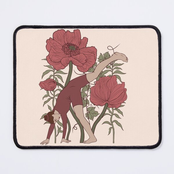 Item preview, Dynamic and graceful yoga pose featuring a standing split fold against a backdrop of lush garden poppies. Warm retro tones create a peaceful, grounding atmosphere. designed and sold by Grin Katalina Floral Patterns & Cozy Art.