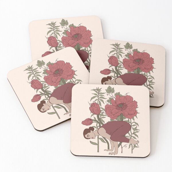 Item preview, An illustration full of concentration and inner strength. A woman holds a challenging arm balance (Crow pose), surrounded by tall stems and buds of wild poppies. designed and sold by Grin Katalina Floral Patterns & Cozy Art.