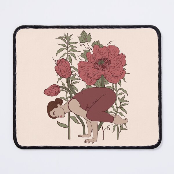 Item preview, An illustration full of concentration and inner strength. A woman holds a challenging arm balance (Crow pose), surrounded by tall stems and buds of wild poppies. designed and sold by Grin Katalina Floral Patterns & Cozy Art.