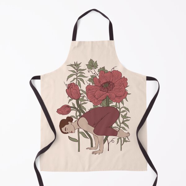 Item preview, An illustration full of concentration and inner strength. A woman holds a challenging arm balance (Crow pose), surrounded by tall stems and buds of wild poppies. designed and sold by Grin Katalina Floral Patterns & Cozy Art.