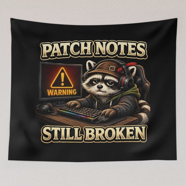 Item preview, Patch Notes Still Broken Funny Gamer Raccoon Gaming Vintage Graphic T-Shirt designed and sold by clockedoutwearshop.