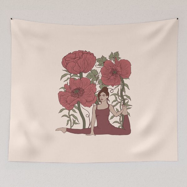 Item preview, Incredible stretch and grace: a woman sitting in deep splits surrounded by huge blooming poppies. Perfect botanical print for pilates, stretching, and yoga lovers. designed and sold by Grin Katalina Floral Patterns & Cozy Art.