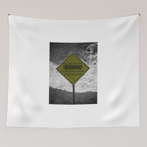 Item preview, Yellow Danger Sign Warning Falling Rocks High Risk Area Keep Clear Near Rocky Cliff designed and sold by Nmallia.