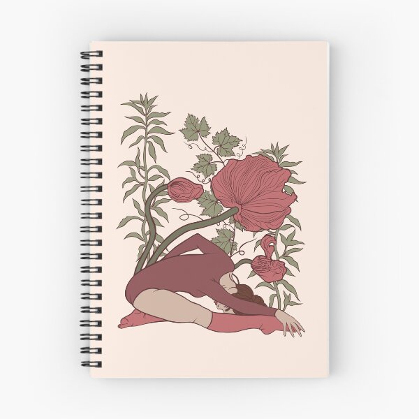 Item preview, A relaxing and peaceful print. A woman gently folds forward over her legs against a backdrop of intertwining branches and large red poppies, channeling yin yoga serenity. designed and sold by Grin Katalina Floral Patterns & Cozy Art.