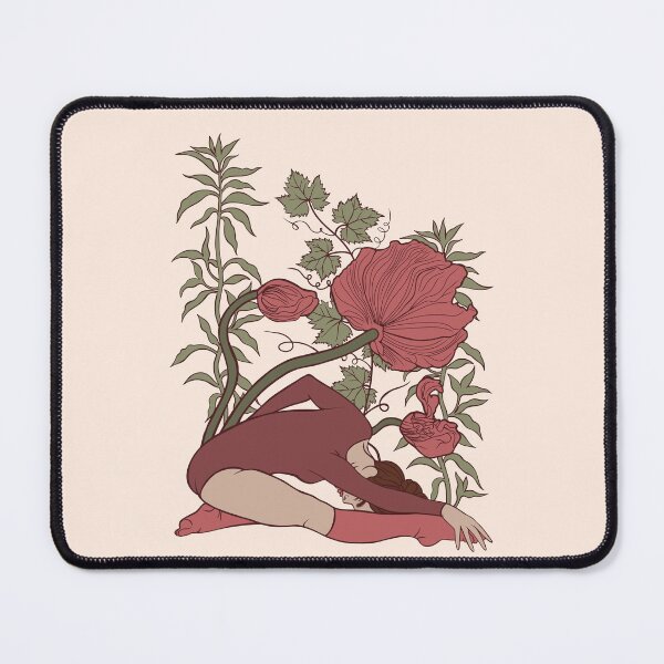 Item preview, A relaxing and peaceful print. A woman gently folds forward over her legs against a backdrop of intertwining branches and large red poppies, channeling yin yoga serenity. designed and sold by Grin Katalina Floral Patterns & Cozy Art.