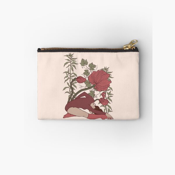 Item preview, A relaxing and peaceful print. A woman gently folds forward over her legs against a backdrop of intertwining branches and large red poppies, channeling yin yoga serenity. designed and sold by Grin Katalina Floral Patterns & Cozy Art.