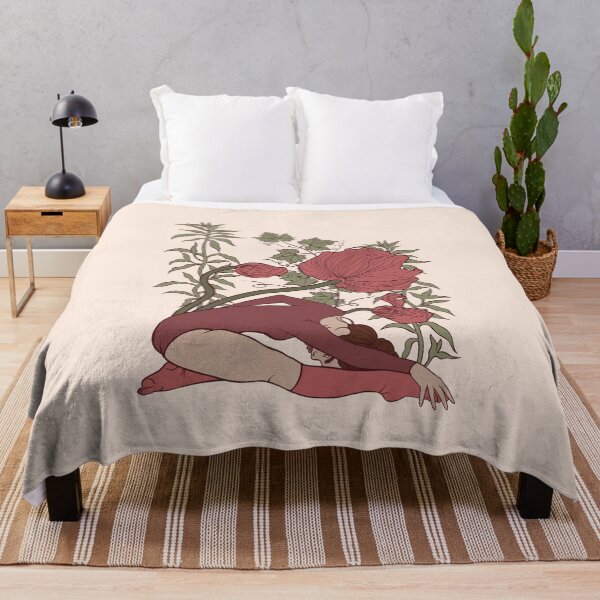 Item preview, A relaxing and peaceful print. A woman gently folds forward over her legs against a backdrop of intertwining branches and large red poppies, channeling yin yoga serenity. designed and sold by Grin Katalina Floral Patterns & Cozy Art.