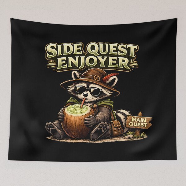 Item preview, Side Quest Enjoyer Funny RPG Gamer Raccoon Fantasy Adventure Graphic T-Shirt designed and sold by clockedoutwearshop.