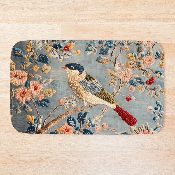 Item preview, Chinese Silk Rug Floral Birds Art | Vintage Blue Oriental Carpet Embroidery Design designed and sold by GrinGalore.