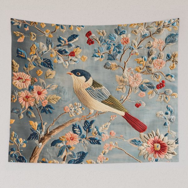 Item preview, Chinese Silk Rug Floral Birds Art | Vintage Blue Oriental Carpet Embroidery Design designed and sold by GrinGalore.