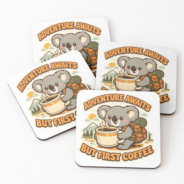 Item preview, Adventure Awaits But First Coffee Funny Hiking Koala Sticker designed and sold by MIROUZ2000.