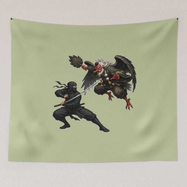 Item preview, Ninja vs Tengu Japanese Mythology Battle Sticker Art Ukiyo-e Style Warrior designed and sold by Aguri-tei.