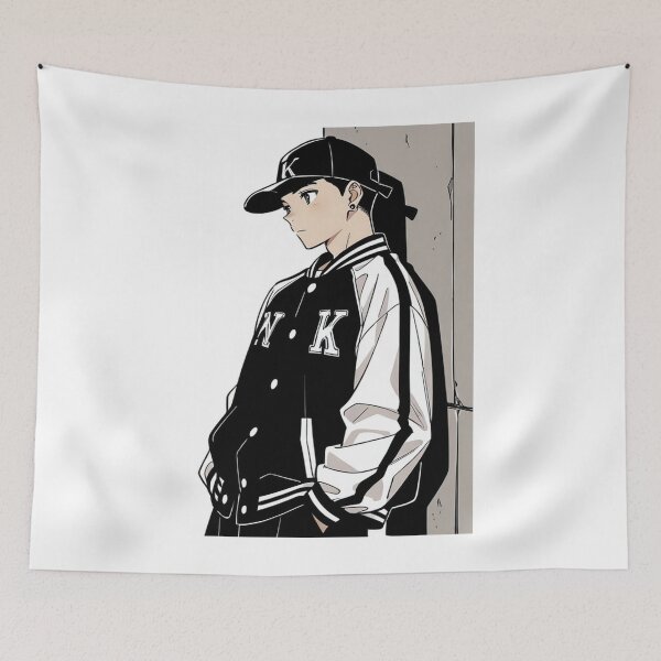 Item preview, Fashion - Man in Black Varsity Jacket Snapback Streetwear Anime Variant 9 designed and sold by AnimeShin.