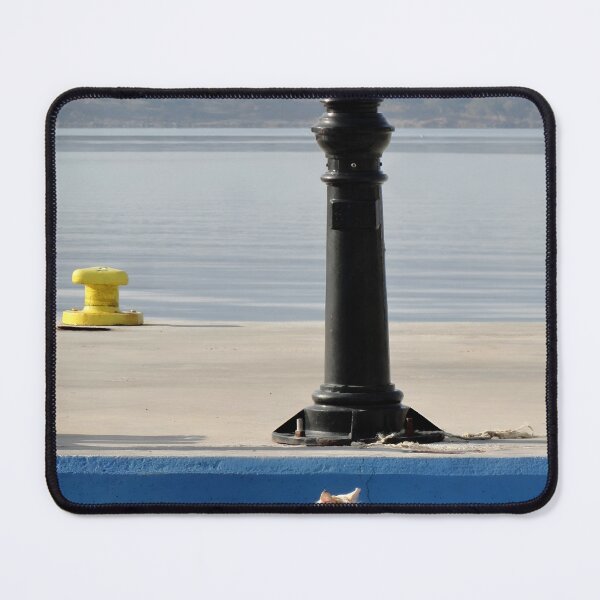 Item preview, Fluffy white cat on a blue quay at a Greek island harbor designed and sold by aeolia.