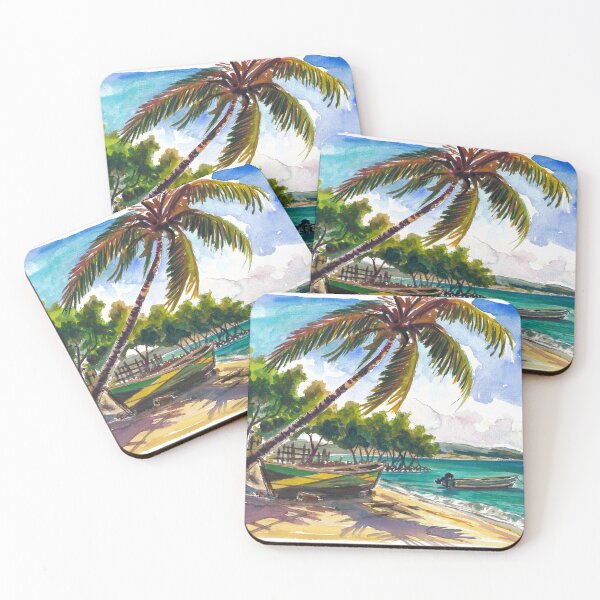 Item preview, Jamaica Beach Watercolor – Tropical Boat and Palm Tree Art Print, Caribbean Travel Gift designed and sold by artshop77.