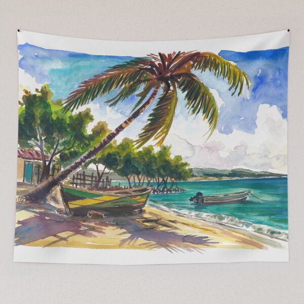 Item preview, Jamaica Beach Watercolor – Tropical Boat and Palm Tree Art Print, Caribbean Travel Gift designed and sold by artshop77.