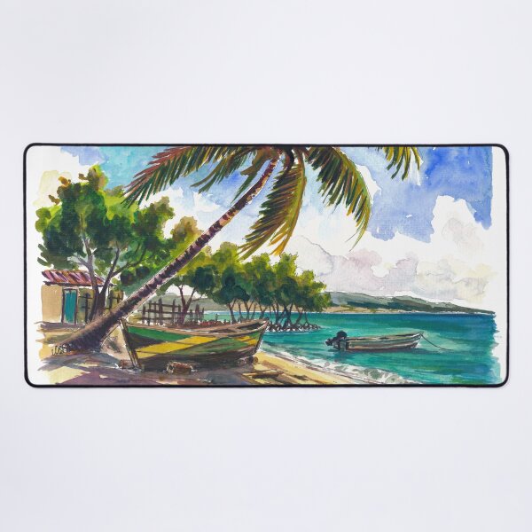 Item preview, Jamaica Beach Watercolor – Tropical Boat and Palm Tree Art Print, Caribbean Travel Gift designed and sold by artshop77.
