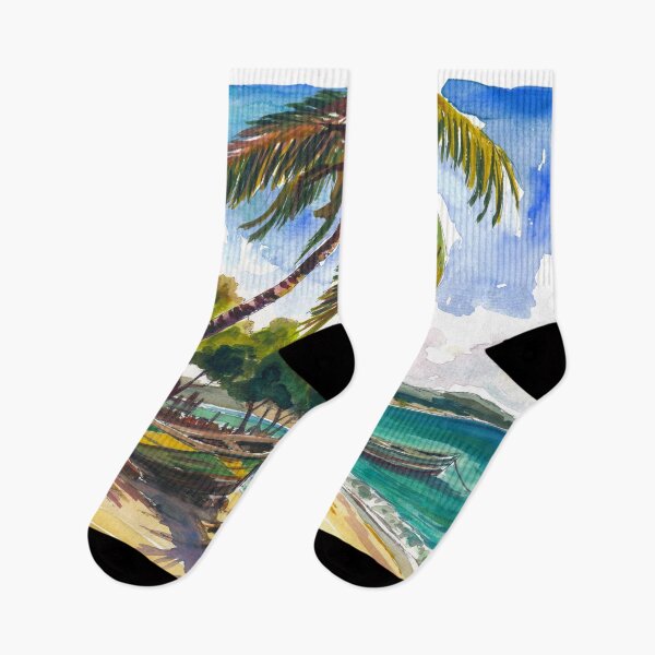 Item preview, Jamaica Beach Watercolor – Tropical Boat and Palm Tree Art Print, Caribbean Travel Gift designed and sold by artshop77.
