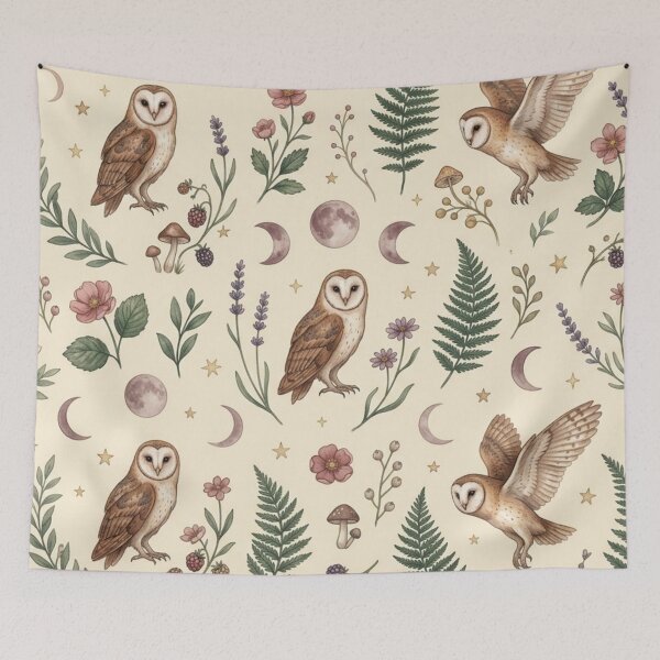 Item preview, Barn Owl Botanical Seamless Pattern Cottagecore Print designed and sold by CalmCapy Co.