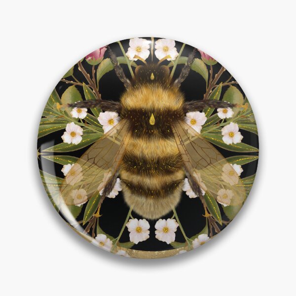Item preview, Magical symmetrical illustration featuring a fluffy bumblebee surrounded by soft pink roses, green leaves, and golden crescent moons. A delicate print celebrating vintage magic and nature. designed and sold by Grin Katalina Floral Patterns & Cozy Art.