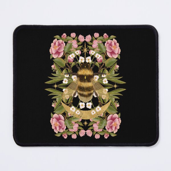 Item preview, Magical symmetrical illustration featuring a fluffy bumblebee surrounded by soft pink roses, green leaves, and golden crescent moons. A delicate print celebrating vintage magic and nature. designed and sold by Grin Katalina Floral Patterns & Cozy Art.