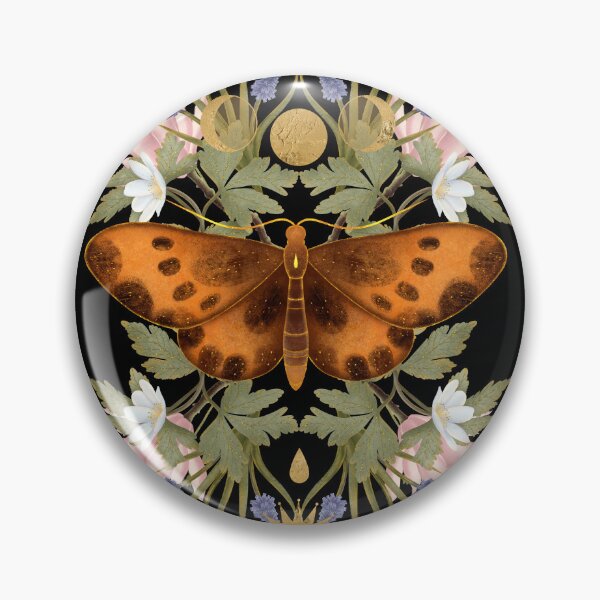 Item preview, Bright mystical print featuring a symmetrical orange moth, meadow wildflowers, lavender, and a shining golden sun. A beautiful embodiment of astrology and woodland secrets. designed and sold by Grin Katalina Floral Patterns & Cozy Art.