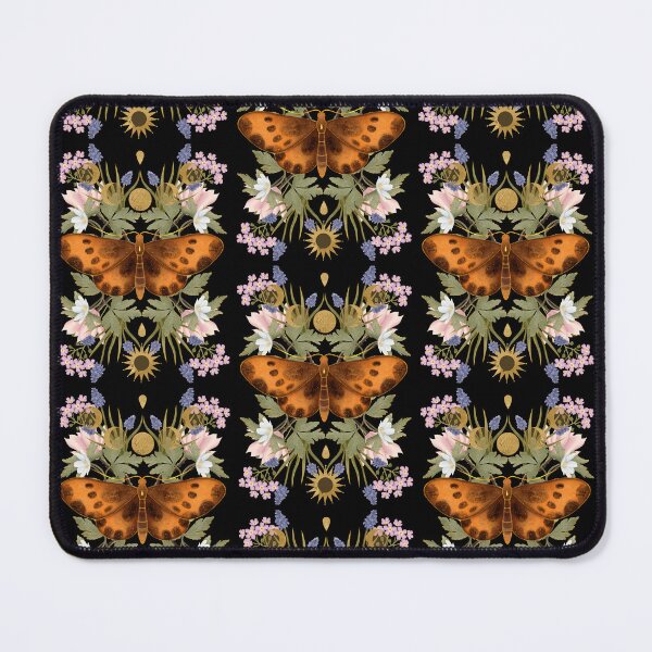 Item preview, Bright mystical print featuring a symmetrical orange moth, meadow wildflowers, lavender, and a shining golden sun. A beautiful embodiment of astrology and woodland secrets. designed and sold by Grin Katalina Floral Patterns & Cozy Art.