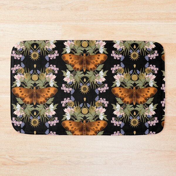 Item preview, Bright mystical print featuring a symmetrical orange moth, meadow wildflowers, lavender, and a shining golden sun. A beautiful embodiment of astrology and woodland secrets. designed and sold by Grin Katalina Floral Patterns & Cozy Art.
