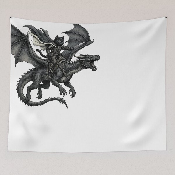 Item preview, Black Cat Warrior Dragon Rider Fantasy Illustration designed and sold by JMDesignHub.