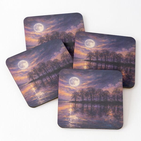 Item preview, Moonlit Reflection Purple and Gold Sunset Lake Landscape Art Print designed and sold by Joey Santiago.