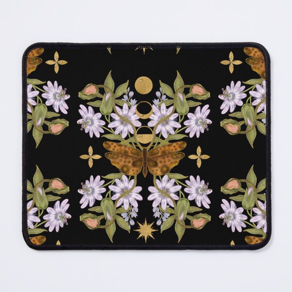 Item preview, Graceful botanical illustration of a brown moth surrounded by delicate lavender-colored flowers and a vertical chain of golden moon phases. Perfect design for astronomy and green witch fans. designed and sold by Grin Katalina Floral Patterns & Cozy Art.