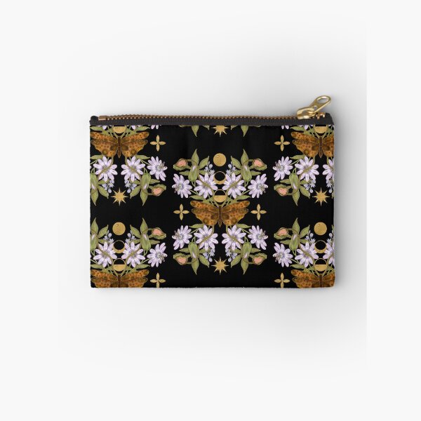 Item preview, Graceful botanical illustration of a brown moth surrounded by delicate lavender-colored flowers and a vertical chain of golden moon phases. Perfect design for astronomy and green witch fans. designed and sold by Grin Katalina Floral Patterns & Cozy Art.