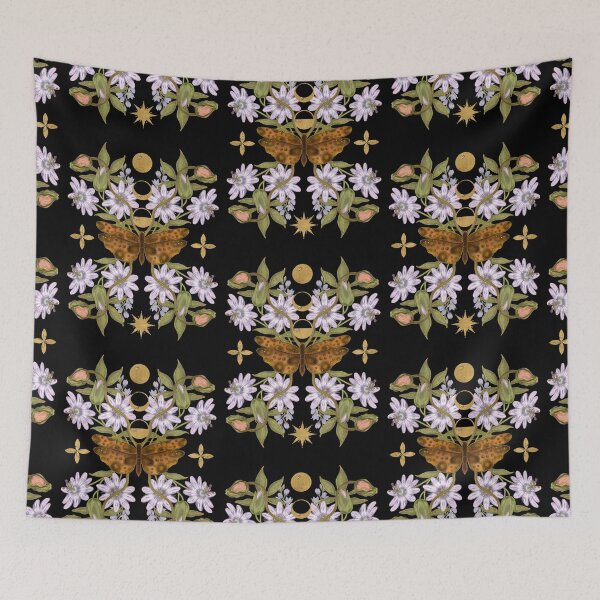 Item preview, Graceful botanical illustration of a brown moth surrounded by delicate lavender-colored flowers and a vertical chain of golden moon phases. Perfect design for astronomy and green witch fans. designed and sold by Grin Katalina Floral Patterns & Cozy Art.