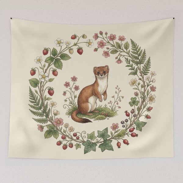 Item preview, Weasel Botanical Cottagecore Watercolor Forest Print designed and sold by CalmCapy Co.