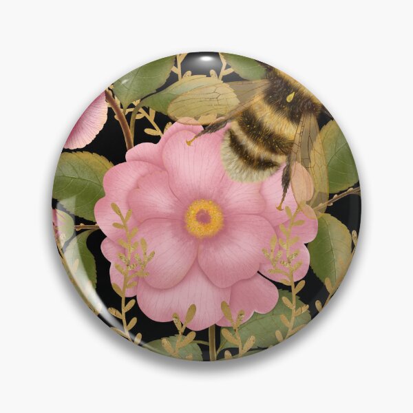 Item preview, Luxurious and delicate print depicting a large fluffy bumblebee collecting nectar on lush pink peonies (or roses) with fine golden decorative elements. A celebration of summer and botanical beauty. designed and sold by Grin Katalina Floral Patterns & Cozy Art.