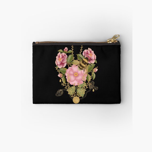 Item preview, Luxurious and delicate print depicting a large fluffy bumblebee collecting nectar on lush pink peonies (or roses) with fine golden decorative elements. A celebration of summer and botanical beauty. designed and sold by Grin Katalina Floral Patterns & Cozy Art.