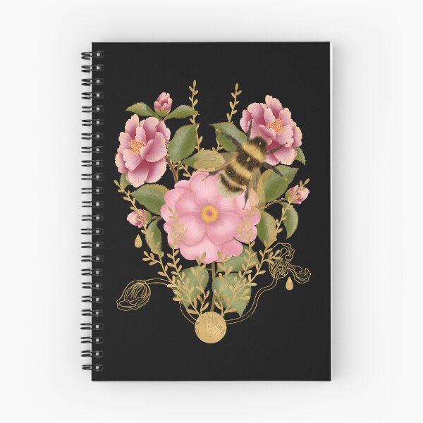 Item preview, Luxurious and delicate print depicting a large fluffy bumblebee collecting nectar on lush pink peonies (or roses) with fine golden decorative elements. A celebration of summer and botanical beauty. designed and sold by Grin Katalina Floral Patterns & Cozy Art.