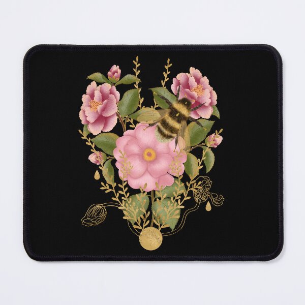 Item preview, Luxurious and delicate print depicting a large fluffy bumblebee collecting nectar on lush pink peonies (or roses) with fine golden decorative elements. A celebration of summer and botanical beauty. designed and sold by Grin Katalina Floral Patterns & Cozy Art.