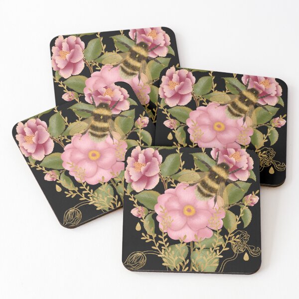 Item preview, Luxurious and delicate print depicting a large fluffy bumblebee collecting nectar on lush pink peonies (or roses) with fine golden decorative elements. A celebration of summer and botanical beauty. designed and sold by Grin Katalina Floral Patterns & Cozy Art.