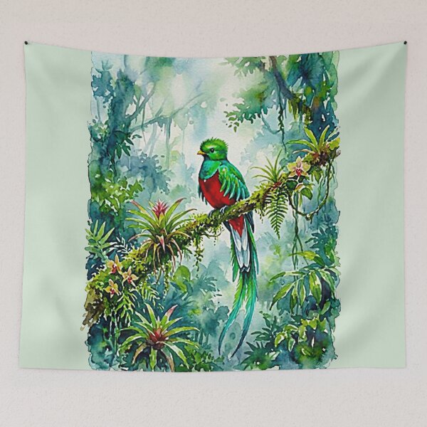 Item preview, Ethereal Watercolor Resplendent Quetzal Art - Pastel Cloud Forest Tropical Bird Print designed and sold by MT-Hub | Cute Aesthetic Art, Stickers & Phone Cases.