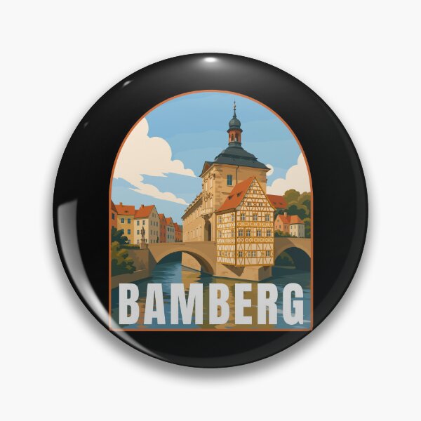 Item preview, Bamberg in Bavaria Germany, Retro Art Travel Landscape Badge designed and sold by MaateoDesign.
