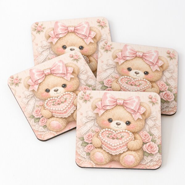 Item preview, Cute Coquette Teddy Bear Holding Pink Heart Cake with Roses, Lace and Satin Bow – Shabby Chic Kawaii Valentine Watercolor Illustration designed and sold by looplandger.