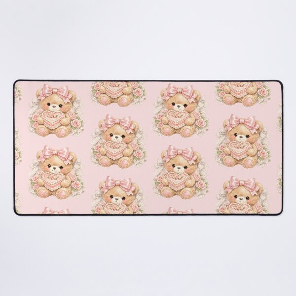 Item preview, Cute Coquette Teddy Bear Holding Pink Heart Cake with Roses, Lace and Satin Bow – Shabby Chic Kawaii Valentine Watercolor Illustration designed and sold by looplandger.