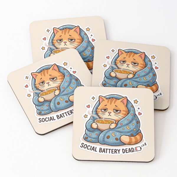Item preview, Social Battery Dead Cat Drinking Soup | Funny Introvert Cat Cozy Sticker designed and sold by Safe Haven Pets.