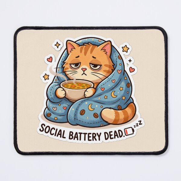 Item preview, Social Battery Dead Cat Drinking Soup | Funny Introvert Cat Cozy Sticker designed and sold by Safe Haven Pets.