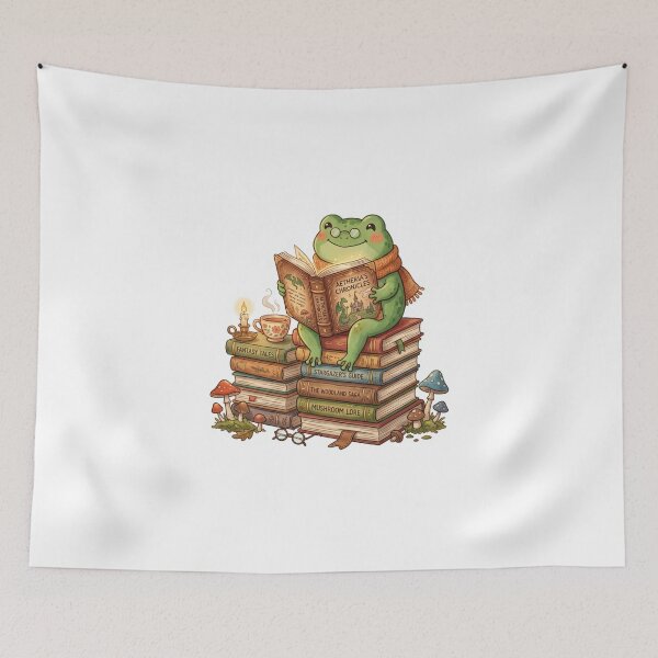 Item preview, Cozy Reading Frog with Books Tea Candle and Mushrooms Illustration designed and sold by AbanoubStore.