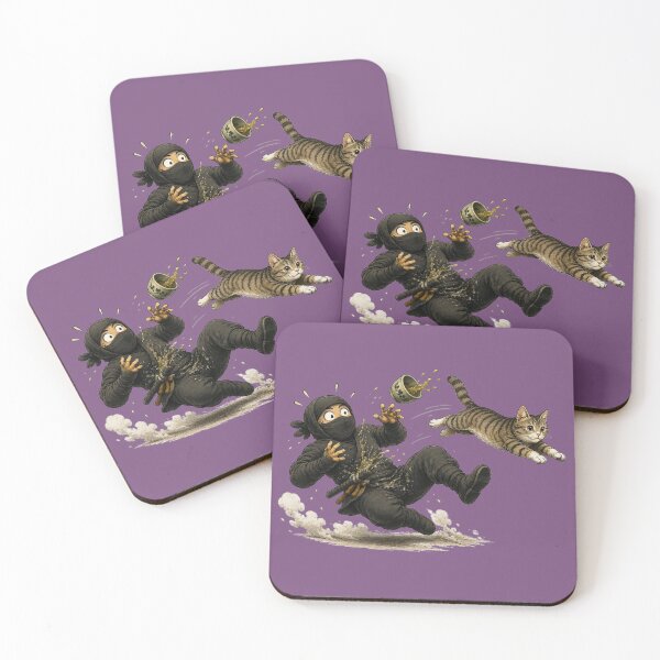 Item preview, Ninja Chased by Tabby Cat Flying Tea Cup Funny Japanese Action Art Sticker designed and sold by Aguri-tei.