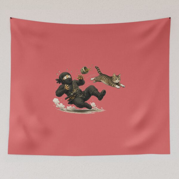 Item preview, Ninja Chased by Tabby Cat Flying Tea Cup Funny Japanese Action Art Sticker designed and sold by Aguri-tei.