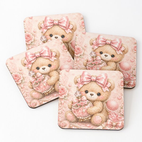 Item preview, Cute Coquette Teddy Bear Holding Vintage Pink Perfume Bottle with Satin Bow and Floral Details – Shabby Chic Kawaii Watercolor Illustration designed and sold by looplandger.